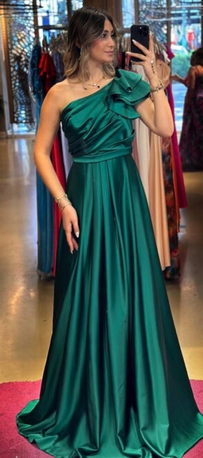 Green One Shoulder Flared Skirt Satin Long Evening Dress 7501 