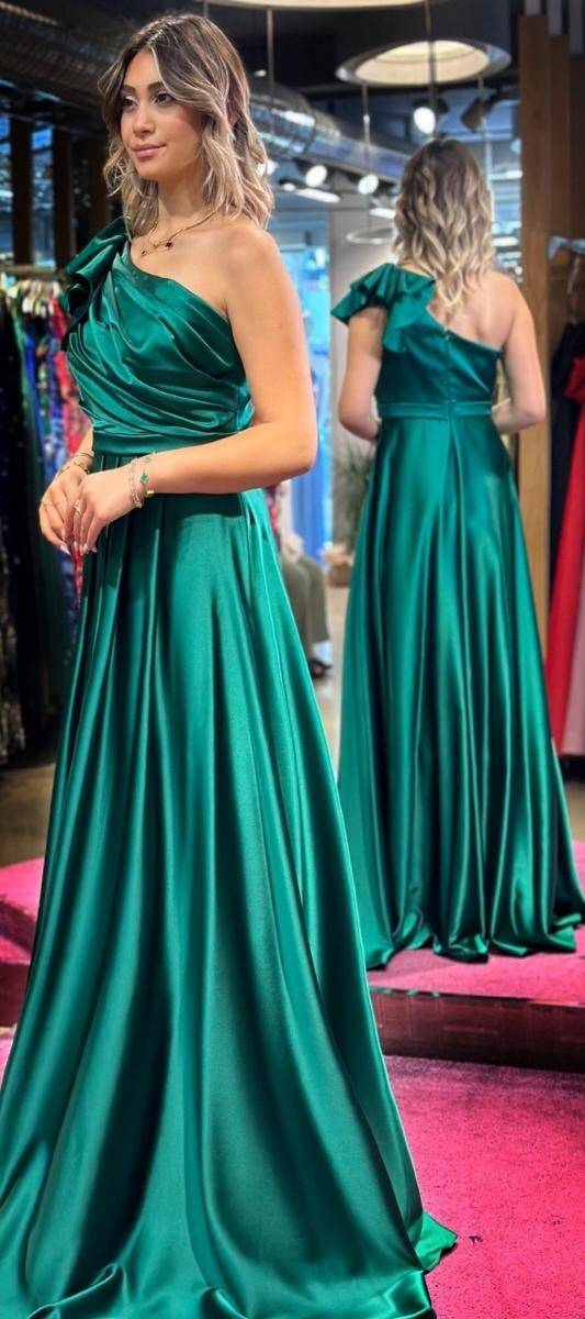 Green One Shoulder Flared Skirt Satin Long Evening Dress 7501 - 3