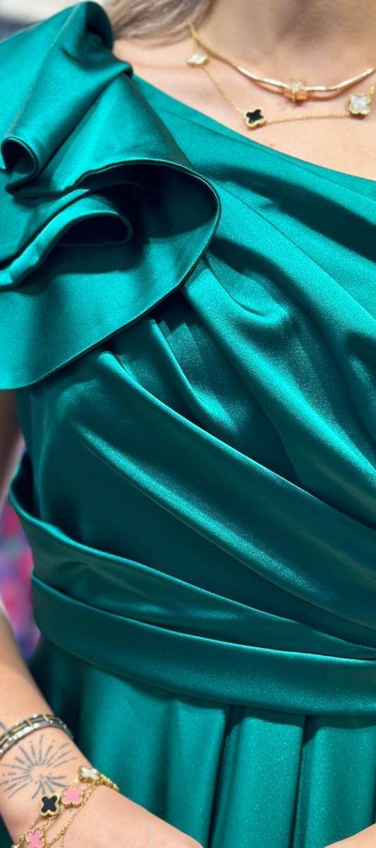 Green One Shoulder Flared Skirt Satin Long Evening Dress 7501 - 4