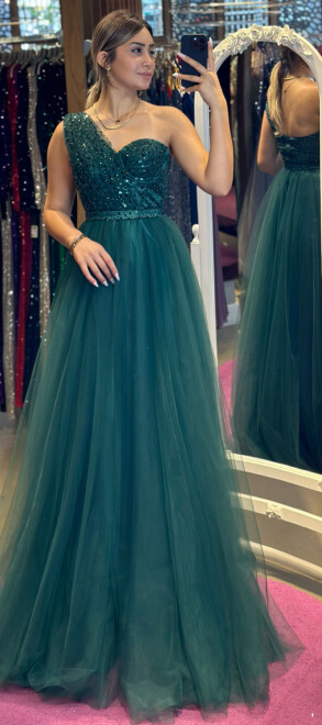 Green One Shoulder Flared Skirt Tulle Long Evening Dress 7423 