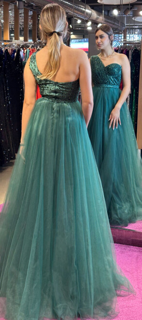 Green One Shoulder Flared Skirt Tulle Long Evening Dress 7423 - 5