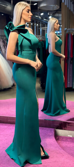 Green One Shoulder Slit Straight Cut Crepe Long Evening Dress 6956 - 3