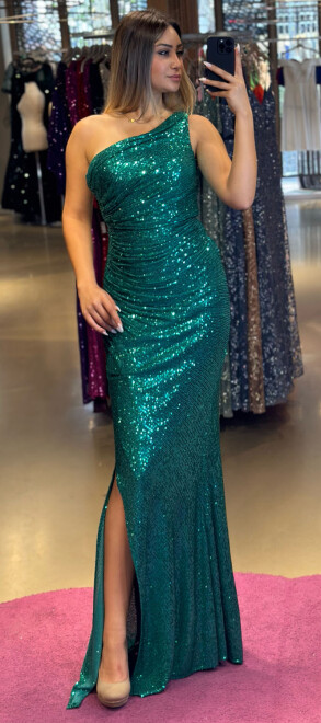 Green One Shoulder Slit Straight Cut Sequin Long Evening Dress 7383 