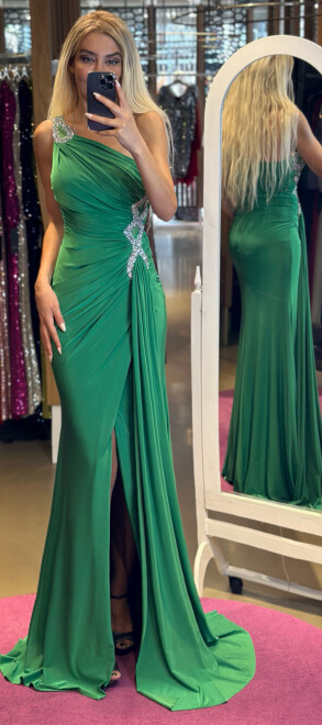 Green One Shoulder Stone Detailed Wrap Slit Lycra Long Evening Dress 7414 