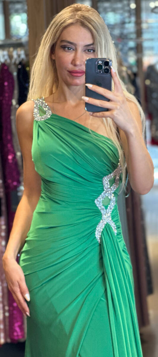 Green One Shoulder Stone Detailed Wrap Slit Lycra Long Evening Dress 7414 - 2