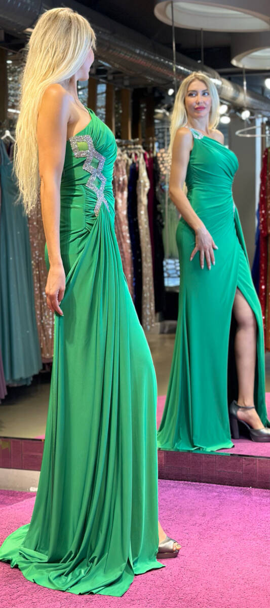 Green One Shoulder Stone Detailed Wrap Slit Lycra Long Evening Dress 7414 - 3