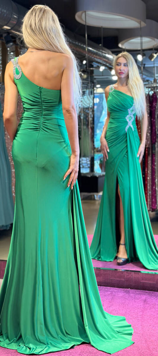 Green One Shoulder Stone Detailed Wrap Slit Lycra Long Evening Dress 7414 - 5