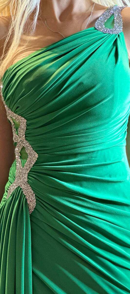 Green One Shoulder Stone Detailed Wrap Slit Lycra Long Evening Dress 7414 - 4