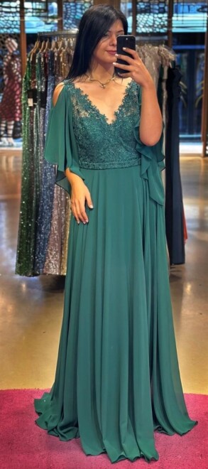 Green Short Sleeve Lace Detailed Flared Skirt Chiffon Long Evening Dress 7212 - 1