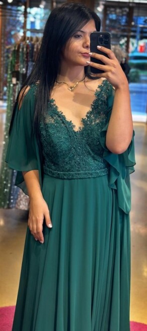 Green Short Sleeve Lace Detailed Flared Skirt Chiffon Long Evening Dress 7212 - 2