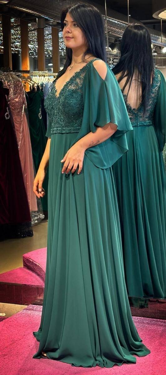 Green Short Sleeve Lace Detailed Flared Skirt Chiffon Long Evening Dress 7212 - 3