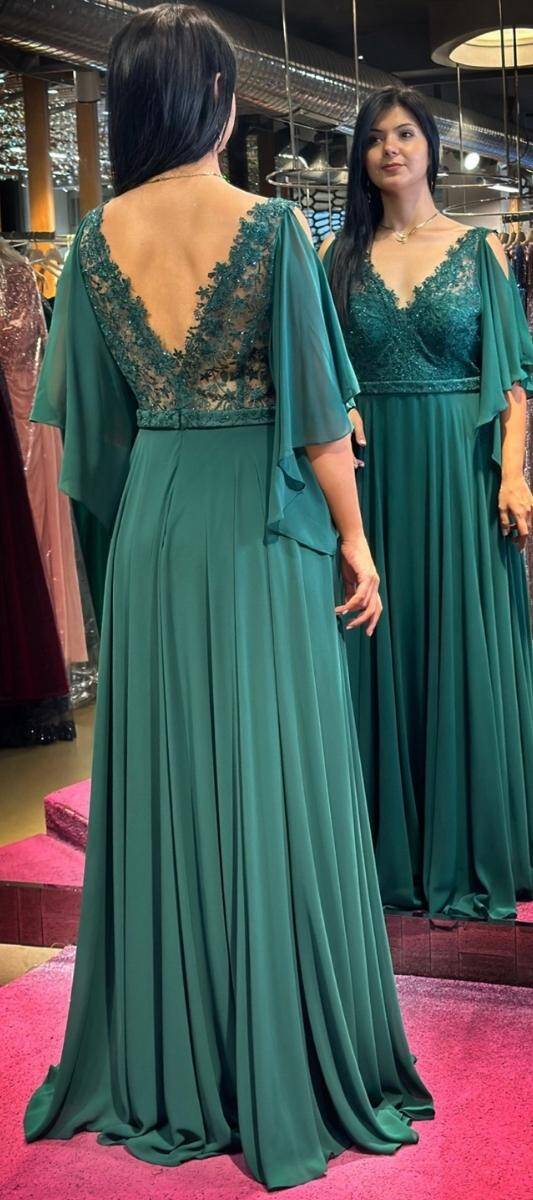 Green Short Sleeve Lace Detailed Flared Skirt Chiffon Long Evening Dress 7212 - 5