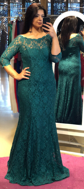 Green Short Sleeve Lace Detailed Straight Cut Glitter Fabric Long Evening Dress 6032 