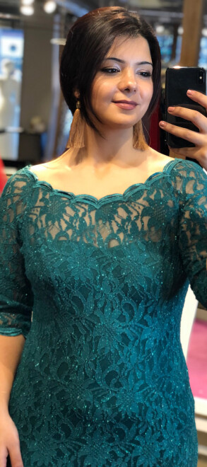 Green Short Sleeve Lace Detailed Straight Cut Glitter Fabric Long Evening Dress 6032 - 2