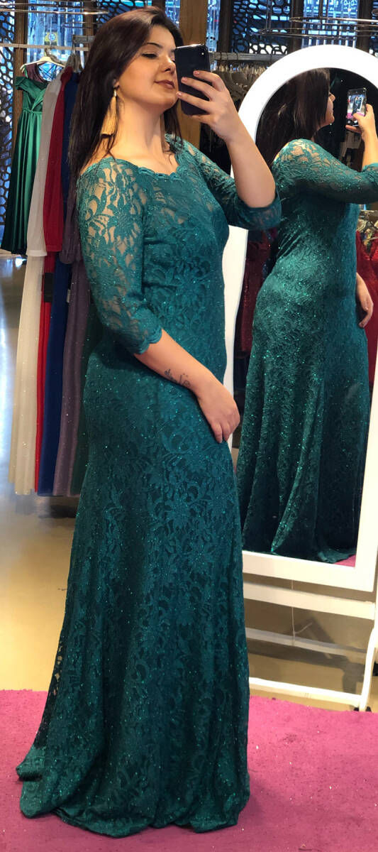 Green Short Sleeve Lace Detailed Straight Cut Glitter Fabric Long Evening Dress 6032 - 3