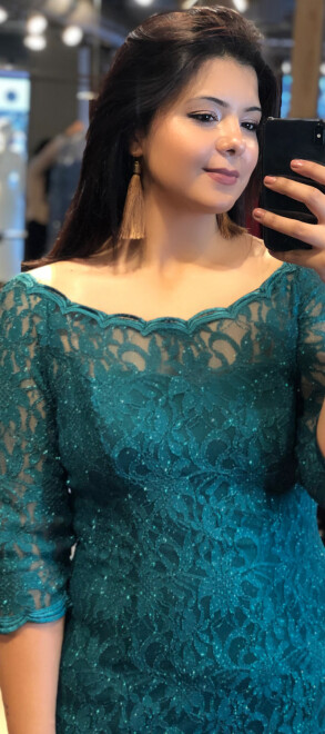 Green Short Sleeve Lace Detailed Straight Cut Glitter Fabric Long Evening Dress 6094 - 2