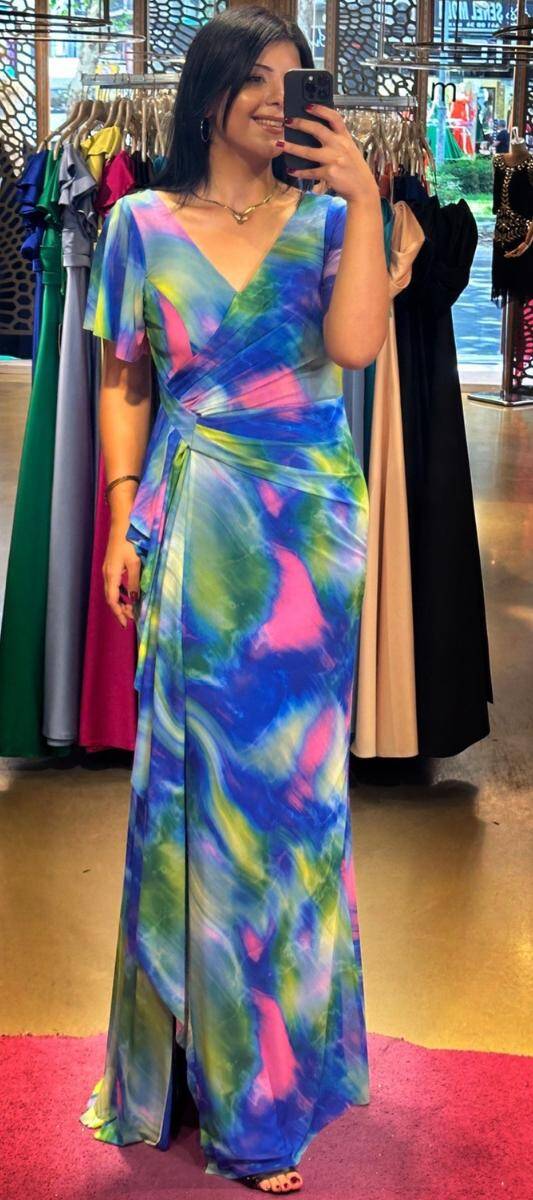 Green Short Sleeve Slit Straight Cut Patterned Long Evening Dress 7580 - 1