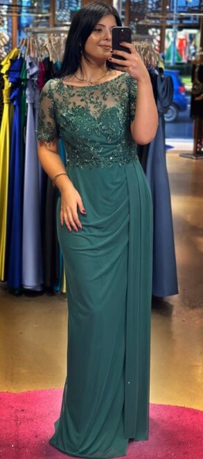 Green Short Sleeve Slit Straight Cut Tulle Long Evening Dress 7574 