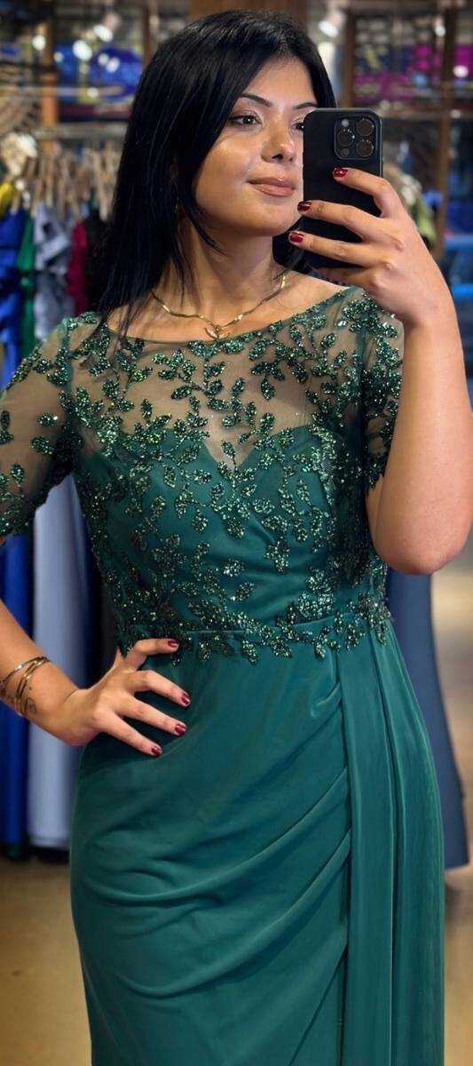 Green Short Sleeve Slit Straight Cut Tulle Long Evening Dress 7574 - 2