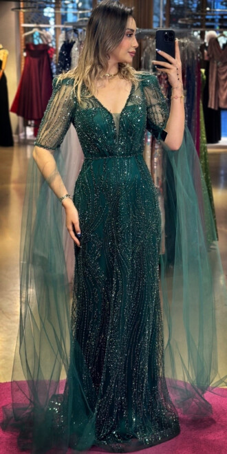 Green Short Sleeve Straight Cut Beaded Sequin Long Evening Dress 7532 