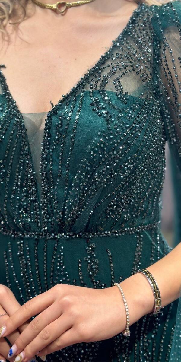 Green Short Sleeve Straight Cut Beaded Sequin Long Evening Dress 7532 - 4