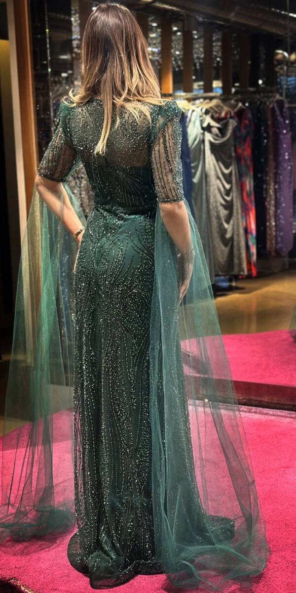 Green Short Sleeve Straight Cut Beaded Sequin Long Evening Dress 7532 - 5