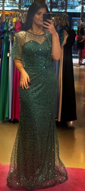 Green Short Sleeve Straight Cut Beaded Sequin Long Evening Dress 7567 - 1