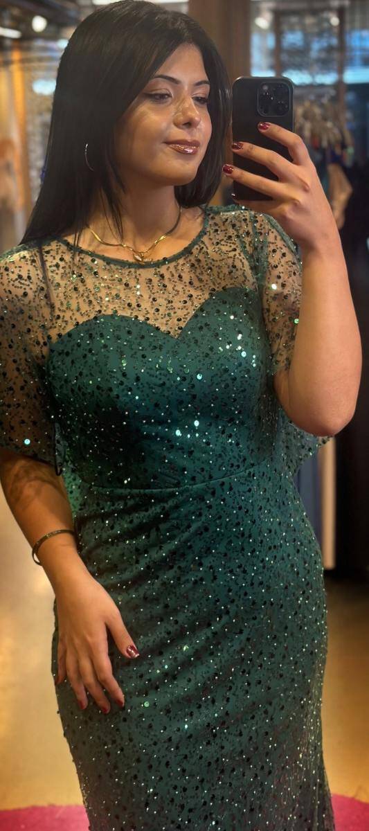 Green Short Sleeve Straight Cut Beaded Sequin Long Evening Dress 7567 - 2