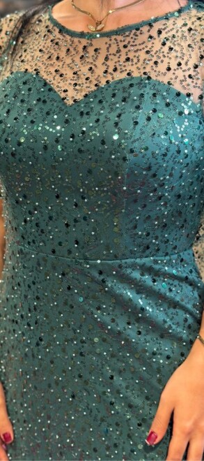 Green Short Sleeve Straight Cut Beaded Sequin Long Evening Dress 7567 - 3