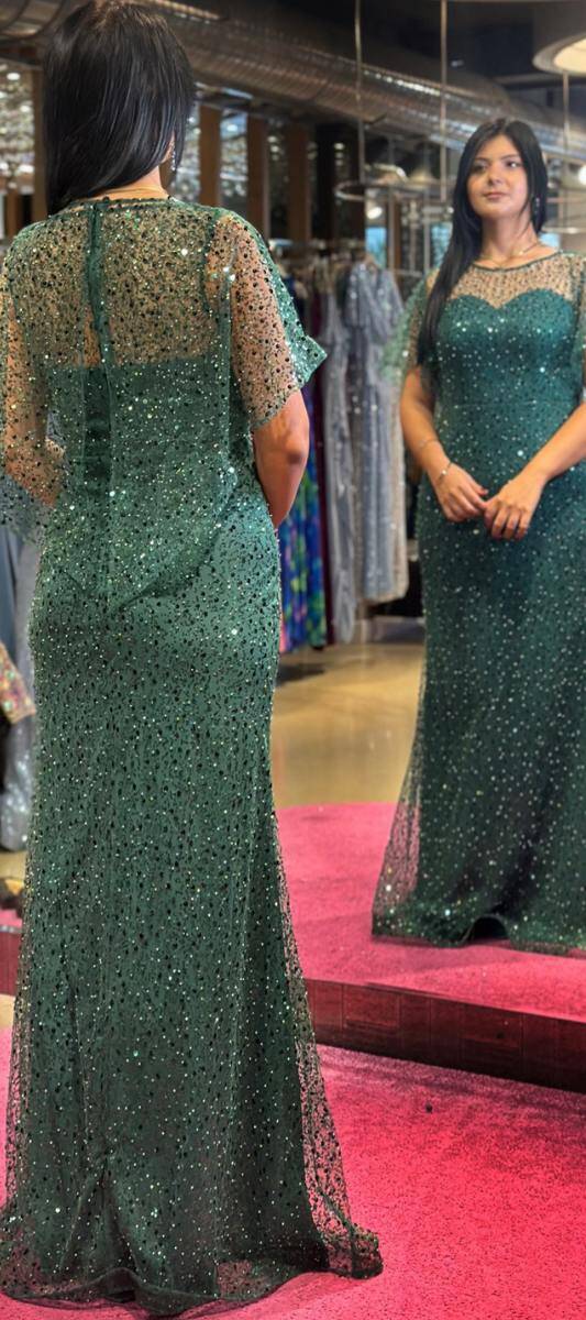 Green Short Sleeve Straight Cut Beaded Sequin Long Evening Dress 7567 - 4