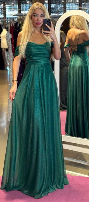 Green Spaghetti Strap Low-Cut Back Flared Skirt Glitter Fabric Long Evening Dress 7365 