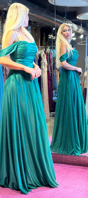 Green Spaghetti Strap Low-Cut Back Flared Skirt Glitter Fabric Long Evening Dress 7365 - 3