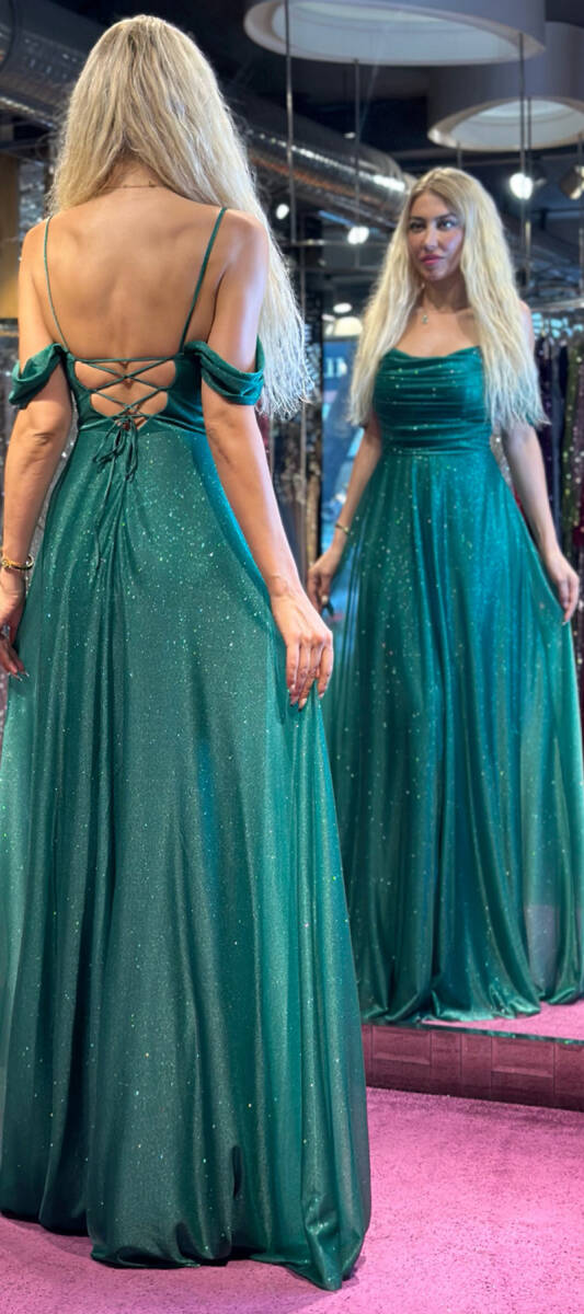 Green Spaghetti Strap Low-Cut Back Flared Skirt Glitter Fabric Long Evening Dress 7365 - 5