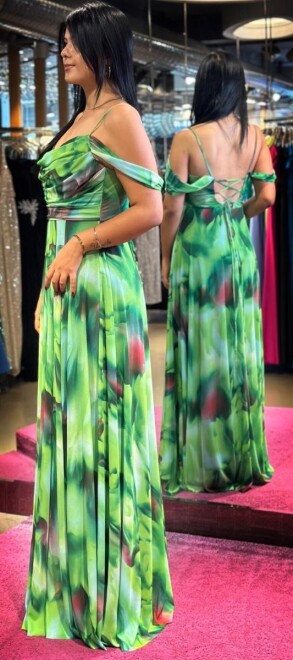 Green Spaghetti Strap Low-Cut Back Flared Skirt Patterned Long Evening Dress 7592 - 3