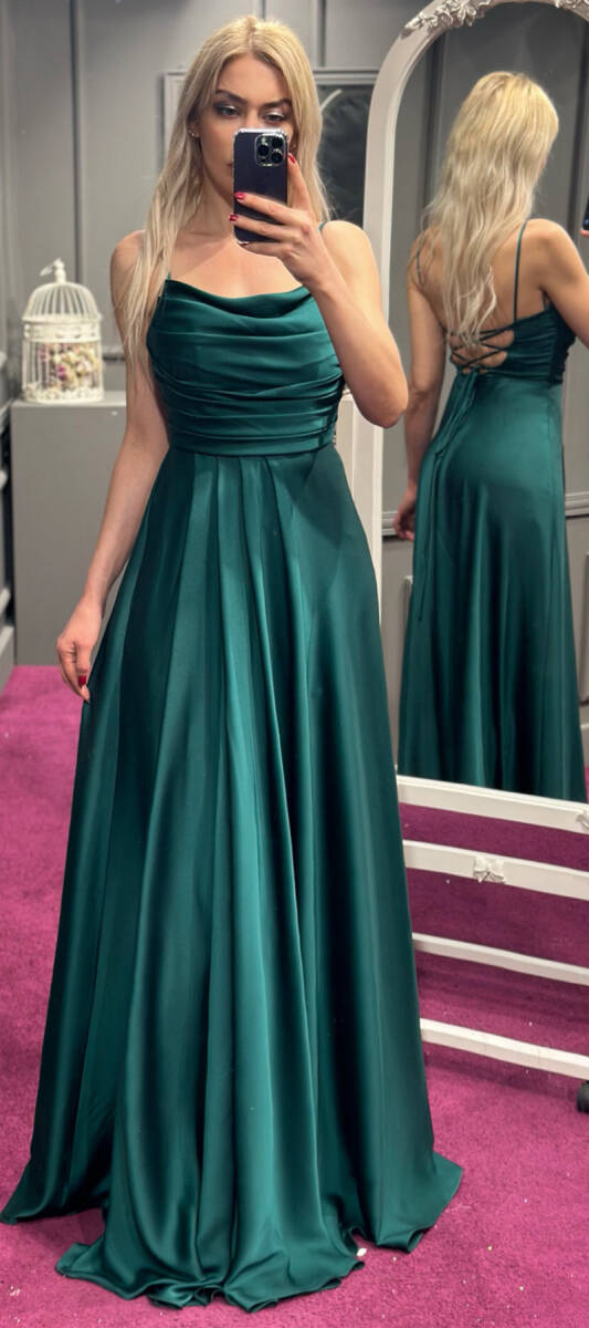 Green Spaghetti Strap Low-Cut Back Flared Skirt Satin Long Evening Dress 7281 - 1