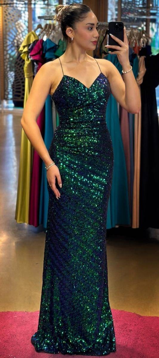 Green Spaghetti Strap Low-Cut Back Straight Cut Patterned Long Evening Dress 7561 - 1