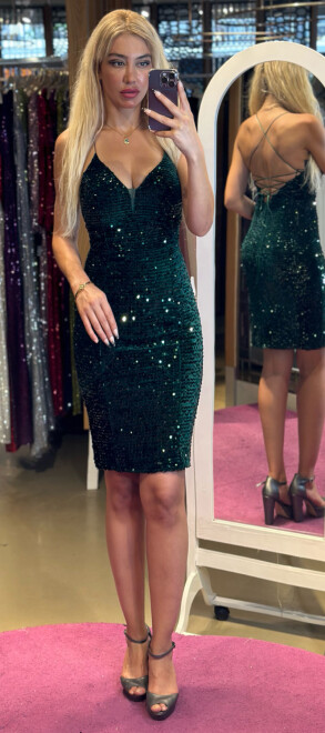 Green Spaghetti Strap Low-Cut Back Velvet Sequin Short Evening Dress 6815 - 1