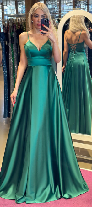 Green Spaghetti Strap Low-Cut Back Wrap Slit Flared Skirt Satin Long Evening Dress 6777 - 1