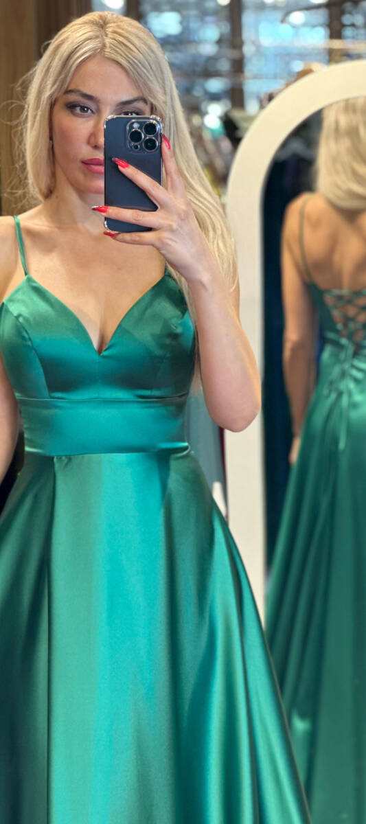 Green Spaghetti Strap Low-Cut Back Wrap Slit Flared Skirt Satin Long Evening Dress 6777 - 2