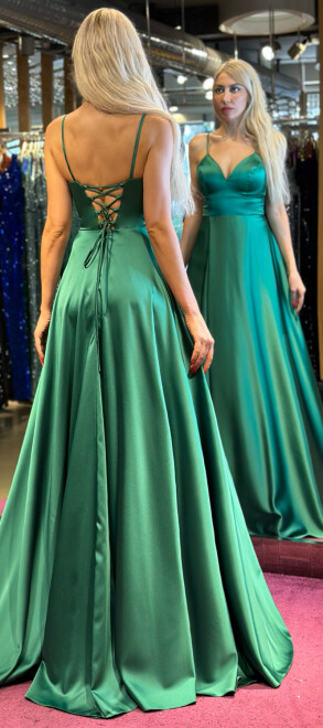 Green Spaghetti Strap Low-Cut Back Wrap Slit Flared Skirt Satin Long Evening Dress 6777 - 5