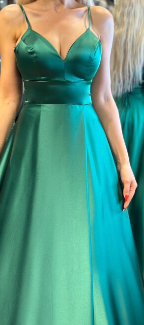 Green Spaghetti Strap Low-Cut Back Wrap Slit Flared Skirt Satin Long Evening Dress 6777 - 4