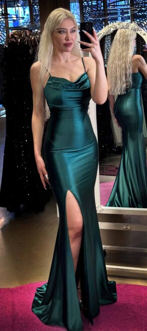 Green Spaghetti Strap Slit Straight Cut Lycra Long Evening Dress 7429 