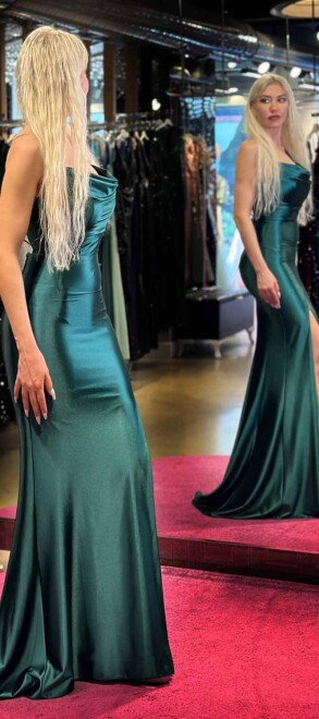 Green Spaghetti Strap Slit Straight Cut Lycra Long Evening Dress 7429 - 3