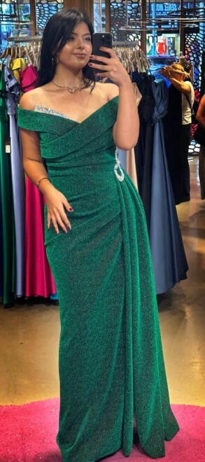 Green Stone Detailed Slit Straight Cut Glitter Long Evening Dress 7608 