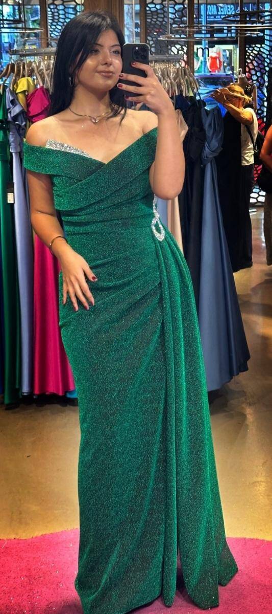 Green Stone Detailed Slit Straight Cut Glitter Long Evening Dress 7608 - 1