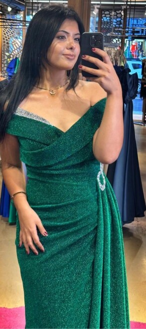 Green Stone Detailed Slit Straight Cut Glitter Long Evening Dress 7608 - 2