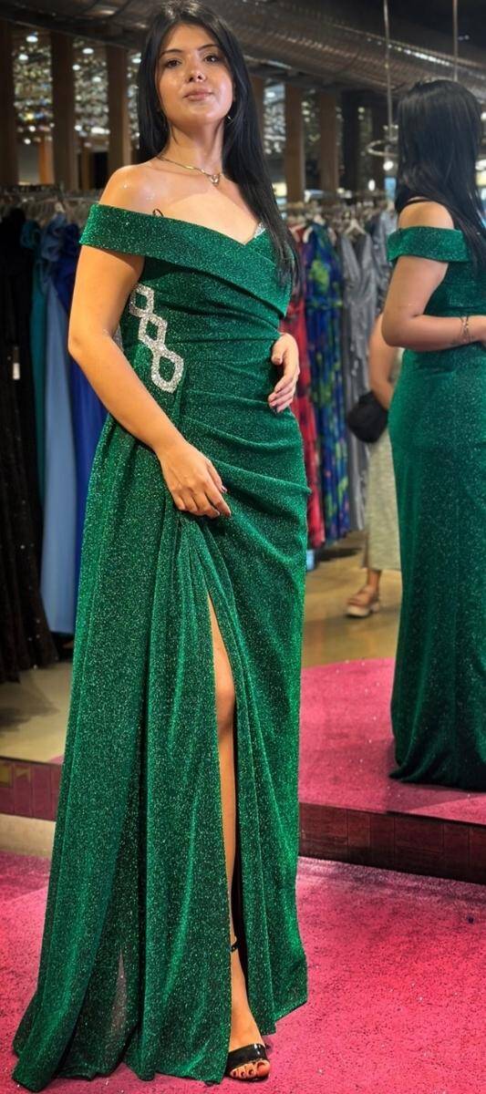 Green Stone Detailed Slit Straight Cut Glitter Long Evening Dress 7608 - 3