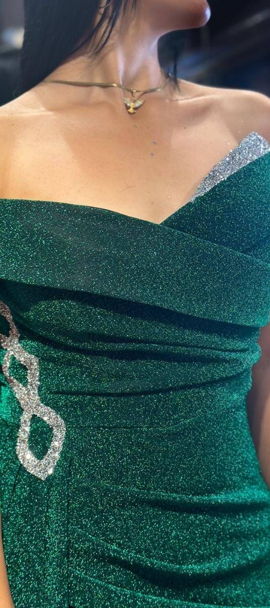 Green Stone Detailed Slit Straight Cut Glitter Long Evening Dress 7608 - 4