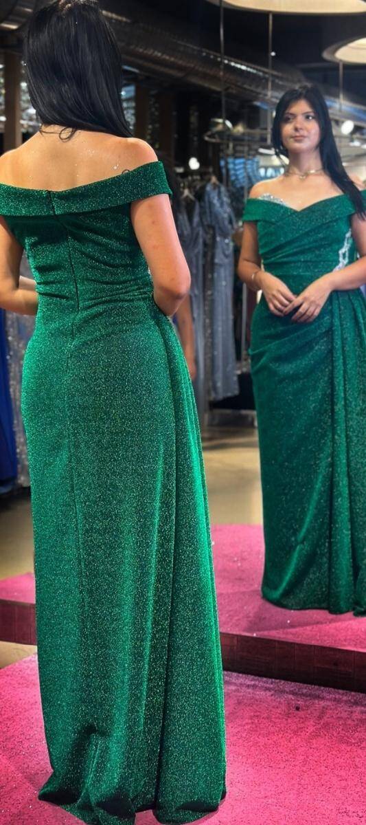 Green Stone Detailed Slit Straight Cut Glitter Long Evening Dress 7608 - 5