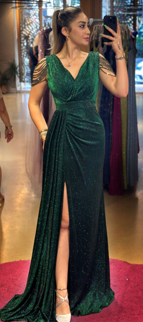 Green Thick Strap Beaded Slit Straight Cut Glitter Long Evening Dress 7551 